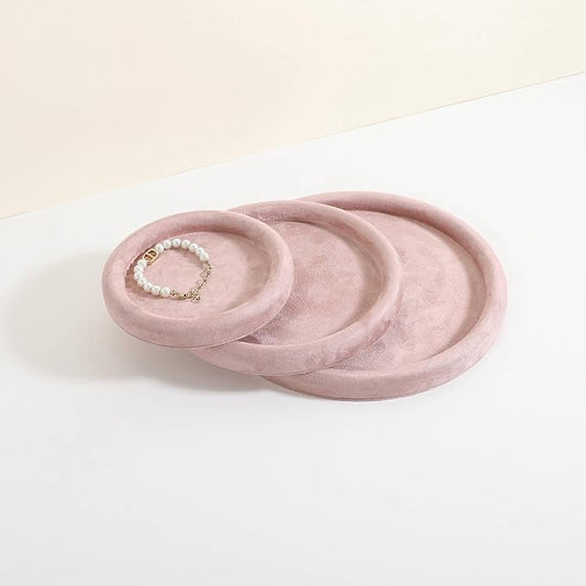 GemeShou Round Jewelry Organizer Plate, Top Microfiber Velvet Jewelry Display Tray, Empty Jewelry Showcase Tray for Necklaces, Bracelets, Rings, Earrings (Pink-Small, 5.9 x 5.9 in)
