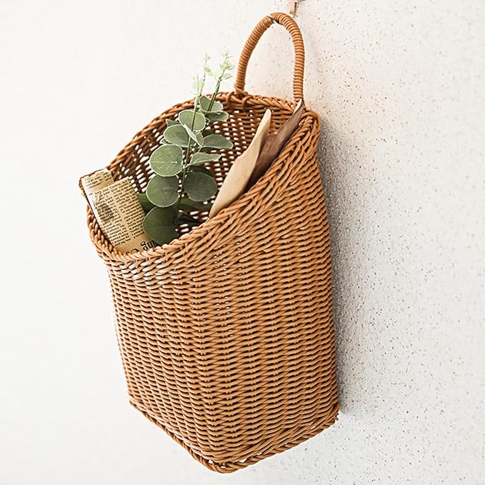 Wicker Storage Basket, Small Plastic Woven Wall Hanging Basket, for Vegetable Garlic Potato Onion Fruit Flower Storage, Hand Woven Basket for Shelves, 9.8'' x 7.9'' x 11.8''