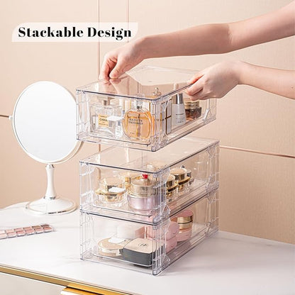 Stackable Pull-Out Storage Drawers，Easily Clean for Craft, and Toy Organization，Plastic Clear Organizer Bins with Handles for Kitchen Undersink，Cabinet，Fridge，Closet，Pantry，Office，Bathroom
