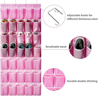 35 Pockets Over the Door Shoe Organizer, Hanging Shoe Organizer for Door with 35 Mesh Pockets Large Capacity Shoe Hanging Storage Bag with 4 Metal Hooks (Pink-1Pack)