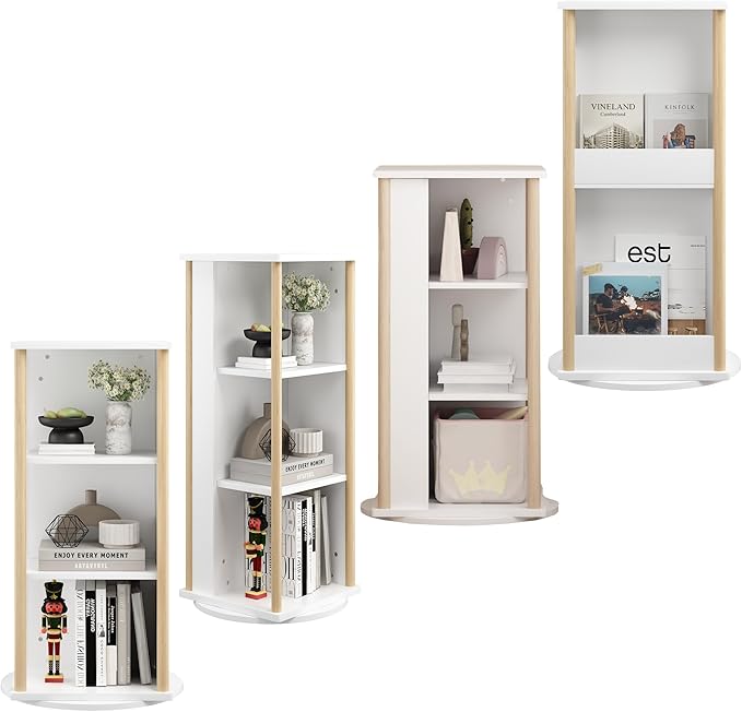 Kids Rotating Bookshelf, 360° Spinning Bookcase with Chalkboard, 3 Tier Wooden Toy Storage Shelf & Picture Book Organizer for Toddlers Nursery Playroom Bedroom, White & Natural