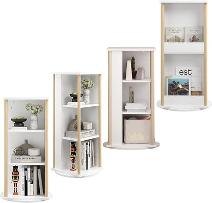 Kids Rotating Bookshelf, 360° Spinning Bookcase with Chalkboard, 3 Tier Wooden Toy Storage Shelf & Picture Book Organizer for Toddlers Nursery Playroom Bedroom, White & Natural