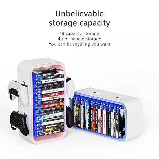 wigmoa Game Storage Tower【15.8INCH】 Compatible with PS5/ Xbox Series S & X/Switch, Universal Video Games Discs Organizers 18 PCS with 4 Controllers Holder, Game Disk Rack Shelf. OYO-1 (White/Blue)