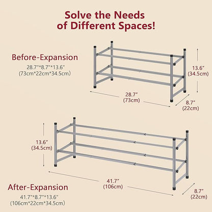 Tajsoon 2 Tier Expandable Shoe Rack for Closet, 28“-41“Adjustable & Stackable Shoe Shelf Storage, Metal Shoe Rack Organizer for Front Door Entrance, Closet, Garage, Entryway, Grey