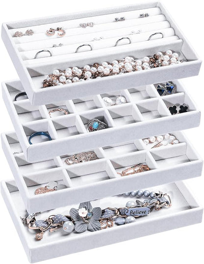 Frebeauty Jewelry Organizer Tray,Stackable Velvet Jewelry Trays,Drawer Inserts Earring Organizer For Women Jewelry Storage Display Case for Rings Stud Necklaces,Set of 4(White)