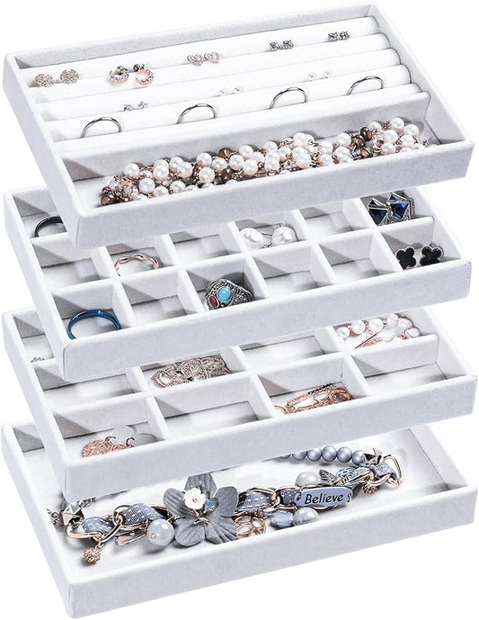 Frebeauty Jewelry Organizer Tray,Stackable Velvet Jewelry Trays,Drawer Inserts Earring Organizer For Women Jewelry Storage Display Case for Rings Stud Necklaces,Set of 4(White)