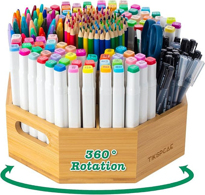 360° Rotating Art Supply Organizer, Holds 750+ Pencils, Bamboo Marker & Pen Holder with Handles, Desk Storage Caddy for Paint Brushes, Crayons, Ideal for Office, Home, Classroom