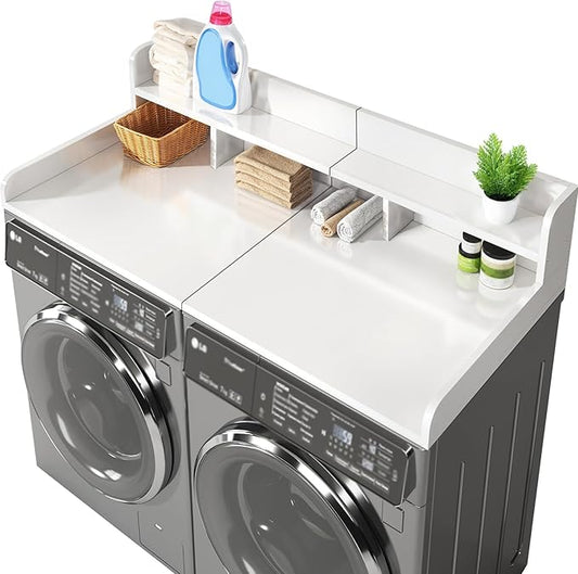 Washer Dryer Countertop, Laundry Wood Shelf Topper with Edge, 2-Tier Laundry Countertop, for Washer and Dryer Laundry Hamper Counter Storage Organization (White)