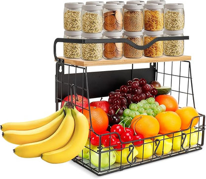 Livabber Magnetic Fridge Organizer Basket with Wood Shelf, Large Fruit Vegetable Storage Bin, Spices Snacks Condiments Rack for Kitchen Pantry, Laundry Room, Office, Magnetic or Wall Mount (Black)