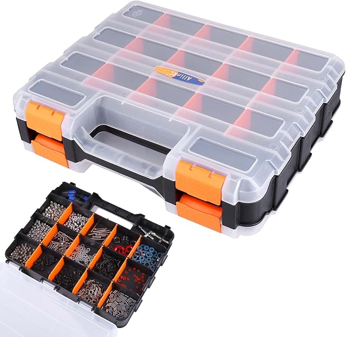 Small Parts Organizer Double Sided Parts Organizer with Removable Dividers 34-Compartments Storage Bins for Hardware, Screws, Nuts, Bolts, Washers, Nails, Fasteners, Tools