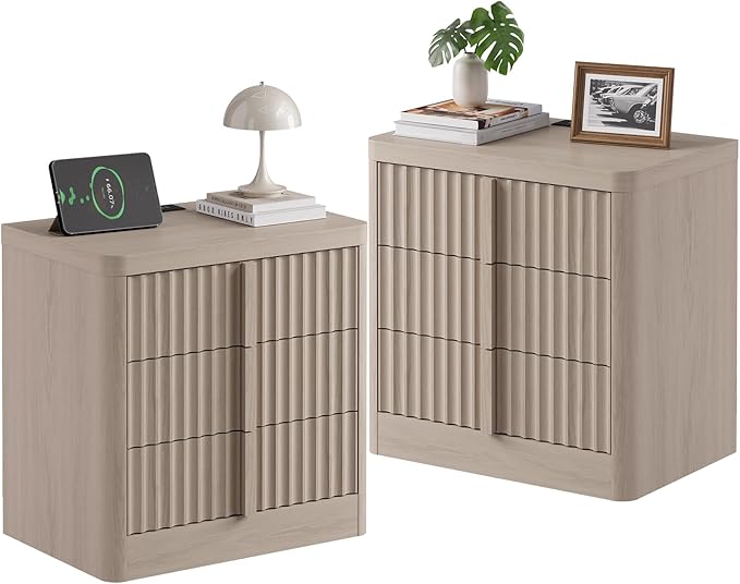 Harpaq Fluted Nightstand Set of 2 with Charging Station, 23.6" Wood End Table with Solid Wood Handle, Mid Century Moden Bedside Table 3 Drawer Dresser for Bedroom, Living Room, White Alder