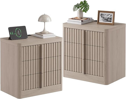 Harpaq Fluted Nightstand Set of 2 with Charging Station, 23.6" Wood End Table with Solid Wood Handle, Mid Century Moden Bedside Table 3 Drawer Dresser for Bedroom, Living Room, White Alder