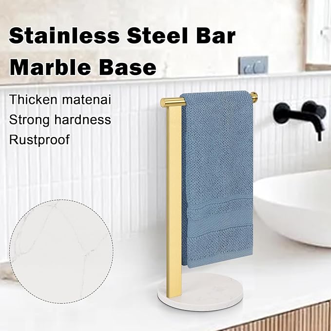 Stainless Steel L-Shaped Hand Towel Holder, SUS304 Bathroom Towel Rack with Thickened Base for Countertop Vanity (Gold)