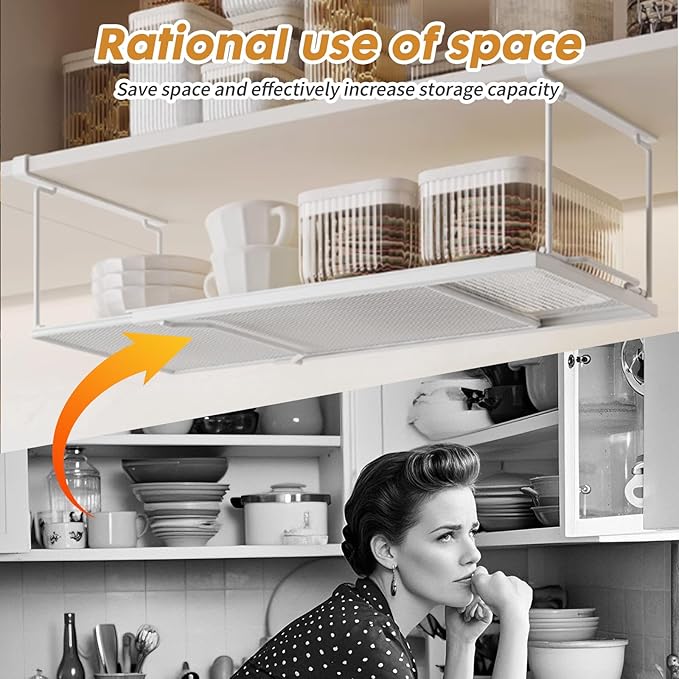 Expandable Hanging Under Shelf Storage Basket,Under Shelf Storage Organizer,Under Hanging Baskets for Cabinet,Pantry, Desk Organization,7.87" D x 14.96"-27.56W x 5.12" H,White