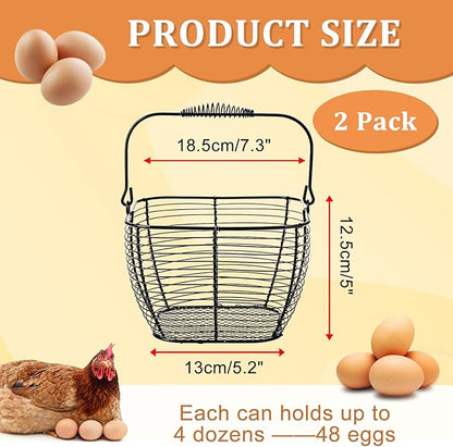 2 PCS 7" Black Square Wire Egg Baskets for Fresh Egg With Handle, Small Metal Collecting Basket for Gathering Fresh Eggs, Chicken and Duck Eggs Hunting Basket Egg Holder Countertop