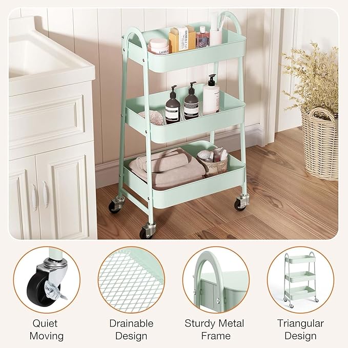 3 Tier Rolling Cart, Utility Cart Kitchen Carts on Wheels with Storage, Multifunctional Metal Organizer Cart for Bathroom, Garage, Baby Diaper, Craft, Art, Teacher, Green