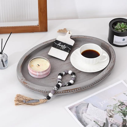 Oval Wooden Tray, Decorative Trays for Home Decor Coffee Table Kitchen Dinning Table, Small Wood Beaded Tray for Decor Grey