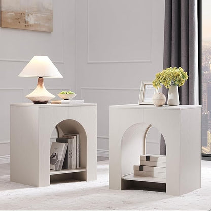 Arched End Table Set of 2 with Type-C Charging Station, 22" Modern Bedroom NightStand with Arched Shelf, Side Table with Outlet, USB, Type-C Port for Bedroom, Cream