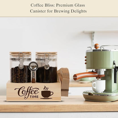 Glass Coffee Canister Set with Shelf & Spoon 2 Piece Coffee Containers for Coffee Bean Storage Airtight Seal, Coffee Bar Accessories Filter Holder for Kitchen Organization
