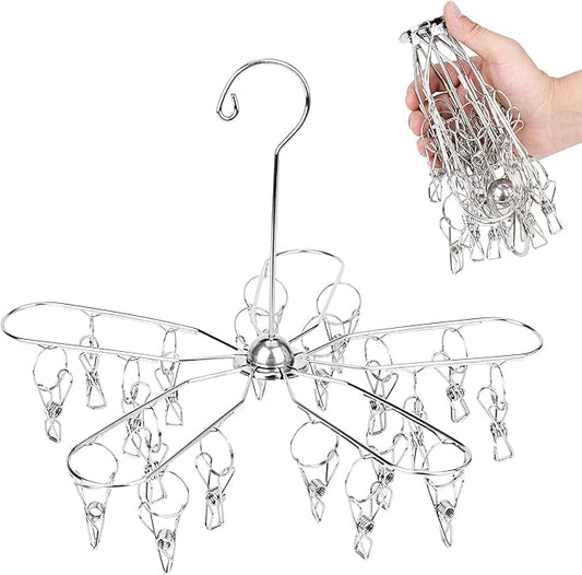 Foldable Clothes Drying Hanger Stainless Steel Laundry Drying Rack with 20 Clips, Sock Dryer Hanger for Hanging Underwear, Towels, Baby Clothes, Lingerie, Bra, Hat, Scarf, Gloves, Diapers
