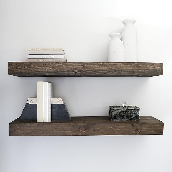 Urbandi Modern Floating Shelves 3 Inches Thick for Wall, Wide Shelves for Kitchen, Living Room, Bedroom, and Bathroom, Natural Pine Wood, Rustic Wooden Shelf, (Set of 2) (Jacobean, 48Lx3Hx6D)