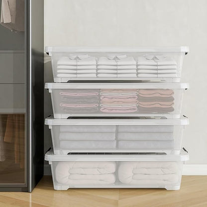 Uumitty 4Pack 40 Qt Plastic Under Bed Storage Organizer Bin Container with Secure Lids and Durable Wheels, Clear
