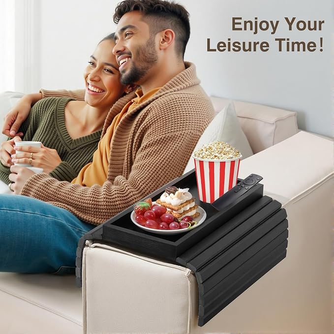 Couch Arm Tray, Bamboo Sofa Table for Couch, Sofa Armrest Tray Table, Anti-Slip Armrest Organizer, Foldable Couch Cup Holder for Snacks, Phone, Control, Cups, Black