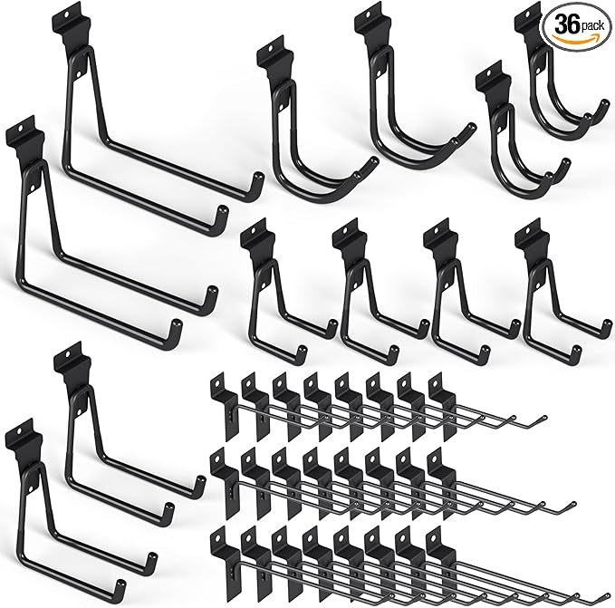 INCLY 36 Pack Heavy Duty Slatwall Hooks, Black Garage Slatwall Panel Accessories Utility Hooks, Slat Wall Hanging Hooks and Hangers for Garages, Sheds, Basements