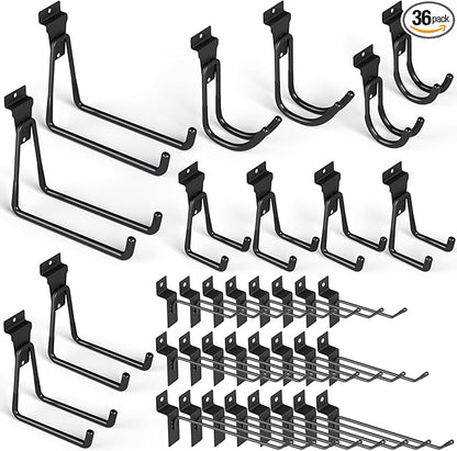 INCLY 36 Pack Heavy Duty Slatwall Hooks, Black Garage Slatwall Panel Accessories Utility Hooks, Slat Wall Hanging Hooks and Hangers for Garages, Sheds, Basements