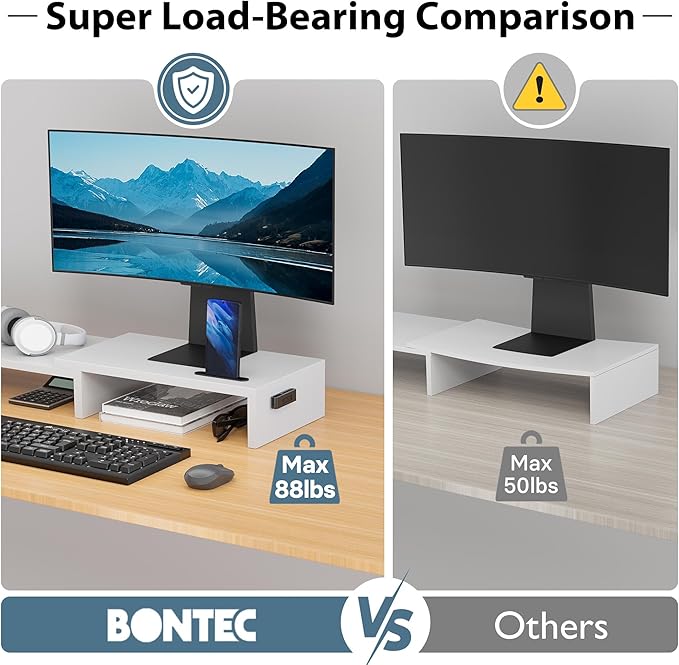 BONTEC Dual Monitor Stand Riser with Smartphone Holder, Adjustable Length & Swivel Angle, Ergonomic Wooden Desktop Organizer for PC Monitor, Laptop, Printer, Large Storage, White