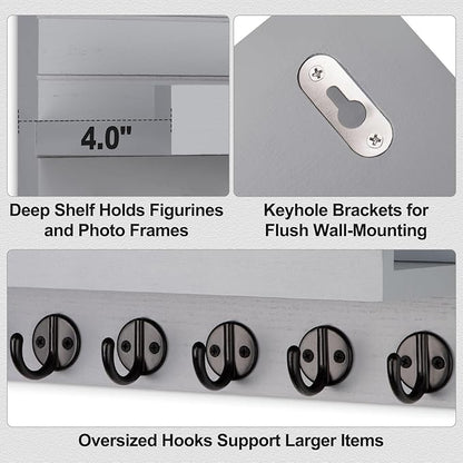 Key Holder Wall Mount, Entryway Key and Mail Holder with 7 Sturdy Hooks for Sunglasses, Dog Leash, Decorative Wall Shelf with Mounting Hardware, 15”W x 6.7”H x 4.2”D (Gray)