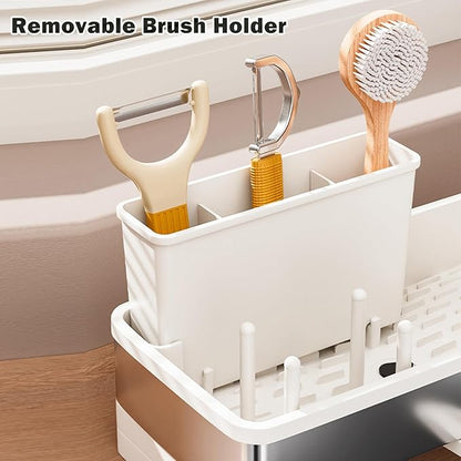 SOVGIZF Sponge Holder for Kitchen Sink,Sink Caddy Organizer with Removable Brush Holder,Kitchen Countertop Soap Dispenser Storage with Detachable Towel Rack,White