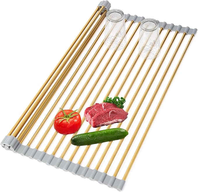 HAYAWEY Extra Large Golden Roll-UP Dish Drying Rack-Stainless Steel Dish Drainer Over The Sink for Kitchen Countertop,Applicable for Sink Width Less Than 19in (Gold,20.5'x 13.2')
