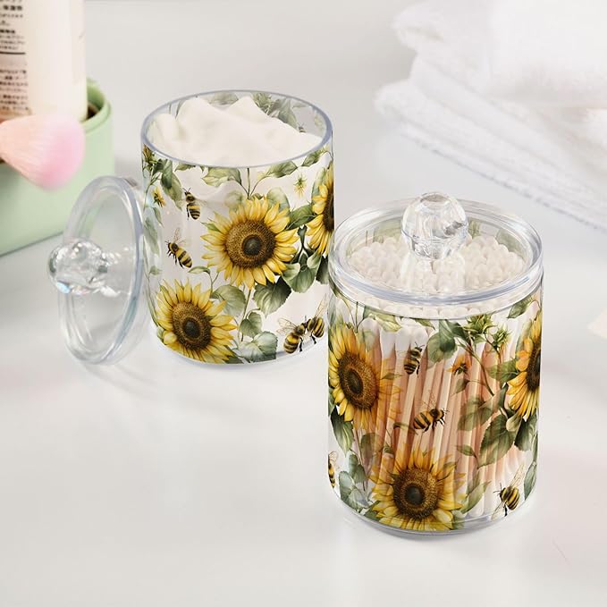 MNSRUU 4 Pack Qtip Holder Organizer Dispenser Flower Sunflower Bee Bathroom Storage Canister Cotton Ball Holder Bathroom Containers for Cotton Swabs/Pads/Floss