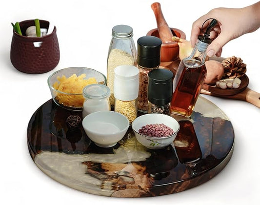 Handmade Reversible 16" Wood and Epoxy Resin Lazy Susan, Turntable for Kitchen Countertop, Rotating Display Stand, Organizer and Storage for Dining Table, Cup Board, Home Decor (Cream/Yellow)