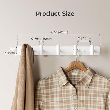 White Wall Mounted Coat Rack – 5 T-Shaped Pegs for Hats, Bags & Towels, Heavy-Duty Metal Rail for Entryway, Bathroom, Closet, Bedroom (2 Pack)