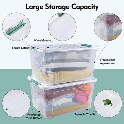 Loiycg 85 Quart Plastic Storage Bins with Wheels, Large Clear Latching Storage Box, 4 Pack