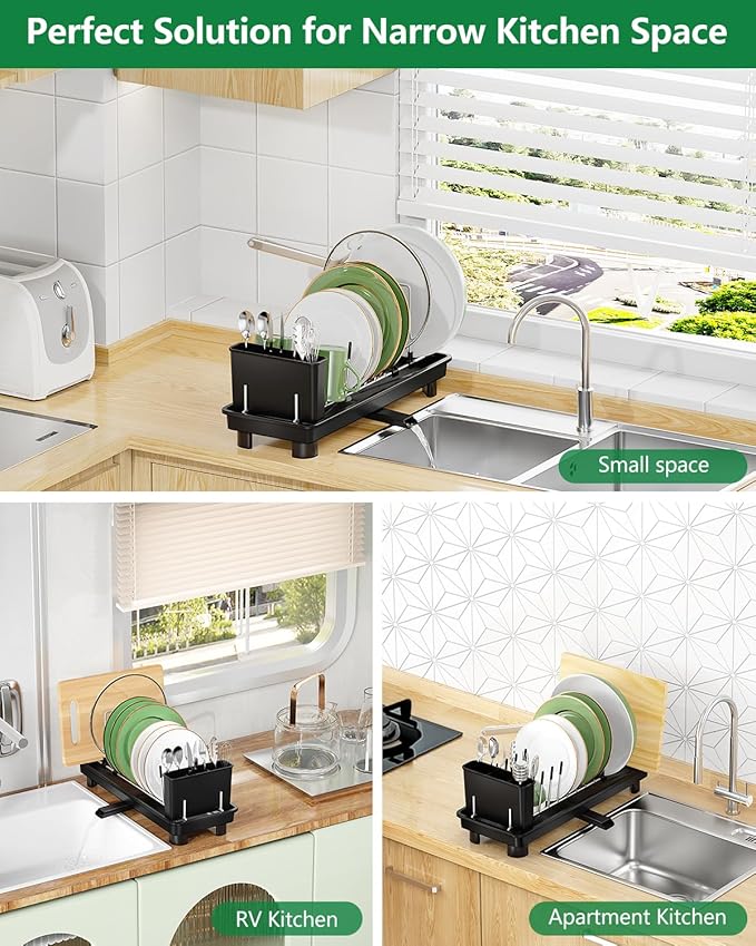 CosyPic Small Dish Drying Rack, Compact Dish Rack for Kitchen Counter, Space Saving Plate Rack, Dish Strainer with Cutlery Holder, Black