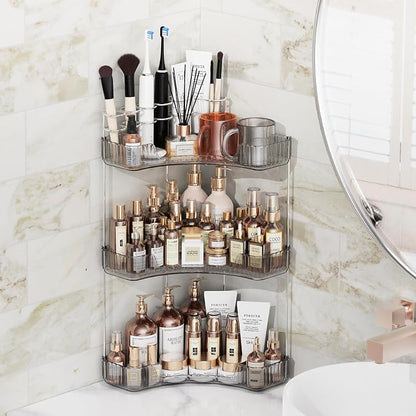 Asayuee 3-Tier Corner Bathroom Counter Organizer with Top Toothbrush Holders,Large Makeup Organizer Countertop with Brush Holder,Skincare Organizers Corner,Exquisite Vanity Organizer (Gray, 3 Tier)
