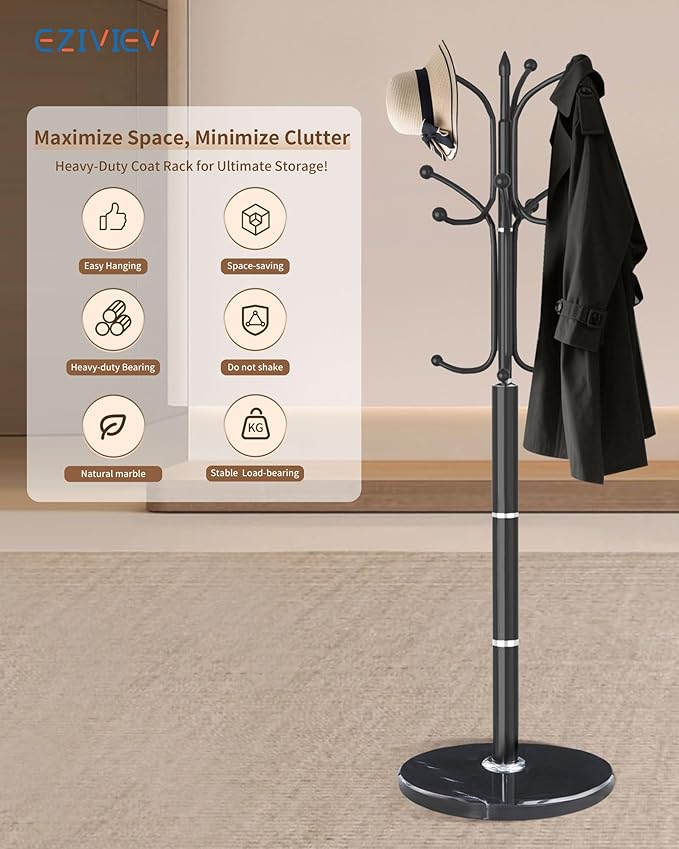 Modern Coat Rack Stand, Metal Freestanding Coat Rack with Natural Marble Base, Heavy-Duty Coat Racks with 12 Hooks,Black Coat Hanger Tree Stand for Office, Entryway, Hallway