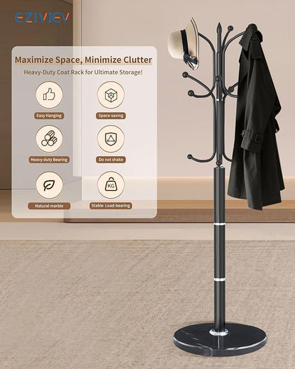Modern Coat Rack Stand, Metal Freestanding Coat Rack with Natural Marble Base, Heavy-Duty Coat Racks with 12 Hooks,Black Coat Hanger Tree Stand for Office, Entryway, Hallway