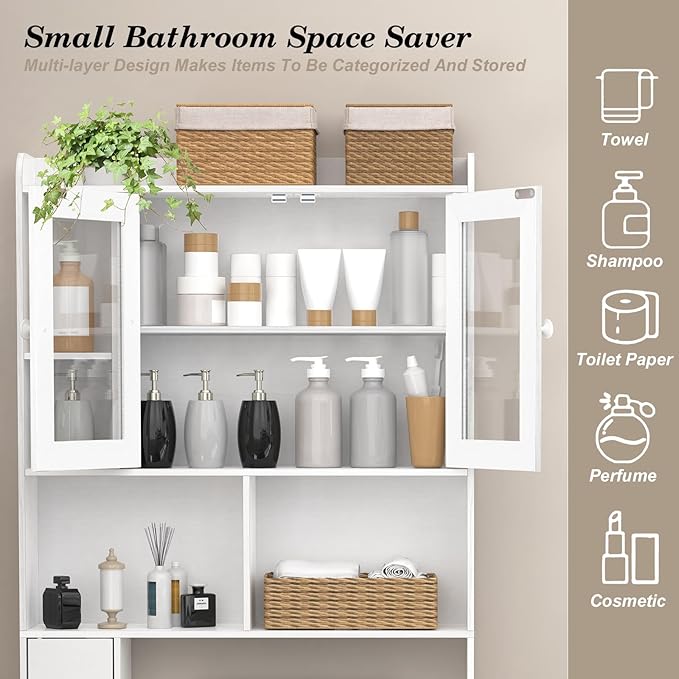 OGEMXU Over The Toilet Storage Cabinet, Behind Toilet Bathroom Organizer with Transparent Doors, Home Space-Saving Above Toilet Shelf Rack, for Bathroom, Restroom, Laundry (White)