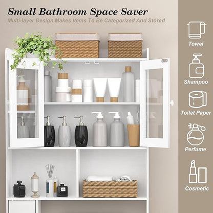 OGEMXU Over The Toilet Storage Cabinet, Behind Toilet Bathroom Organizer with Transparent Doors, Home Space-Saving Above Toilet Shelf Rack, for Bathroom, Restroom, Laundry (White)