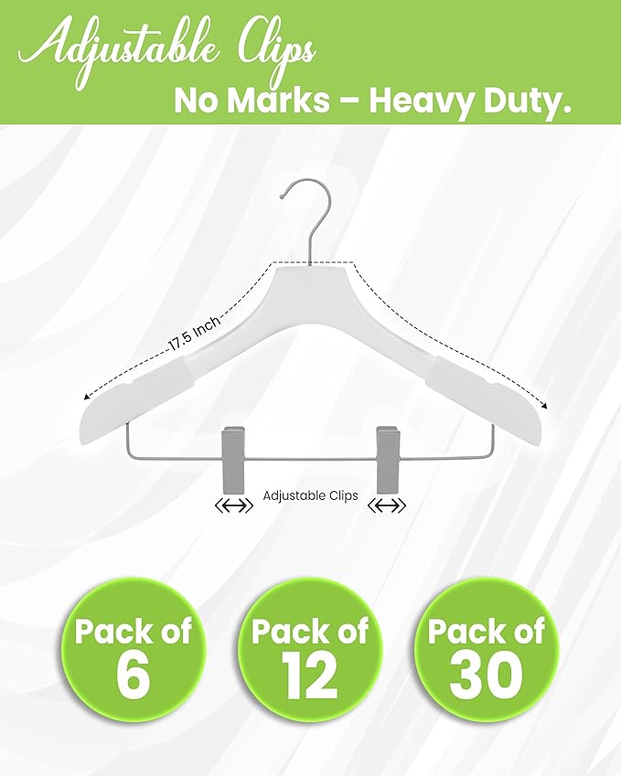 All Hung Up Hangers - Wooden Hangers with Clips for Women, Solid Wood Skirt & Suit Hangers, Heavy-Duty Adjustable Non-Slip Design with Velvet Grip, White with White Velvet, 12 pcs