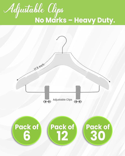 All Hung Up Hangers - Wooden Hangers with Clips for Women, Solid Wood Skirt & Suit Hangers, Heavy-Duty Adjustable Non-Slip Design with Velvet Grip, White with White Velvet, 12 pcs