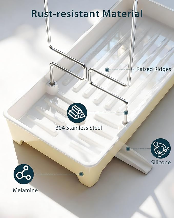 Caumic Minimalist Sink Caddy, Rustproof Sponge Holder for Kitchen Sink with 304 Stainless-Steel Brush Holder, Countertop Rack Organizer with Raised Ridges & Silicone Drain Tube (Pastel Yellow)
