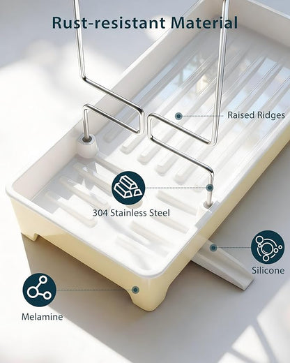 Caumic Minimalist Sink Caddy, Rustproof Sponge Holder for Kitchen Sink with 304 Stainless-Steel Brush Holder, Countertop Rack Organizer with Raised Ridges & Silicone Drain Tube (Pastel Yellow)