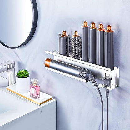 YAYINLI Hair Dryer Holder, Blow Dryer Holder Wall Mount for Curling Iron Attachment Organizers Storage, Adhesive Hair Dryer and Curling Iron Holder, Silver Straightener Holder Hair Tools Organizer