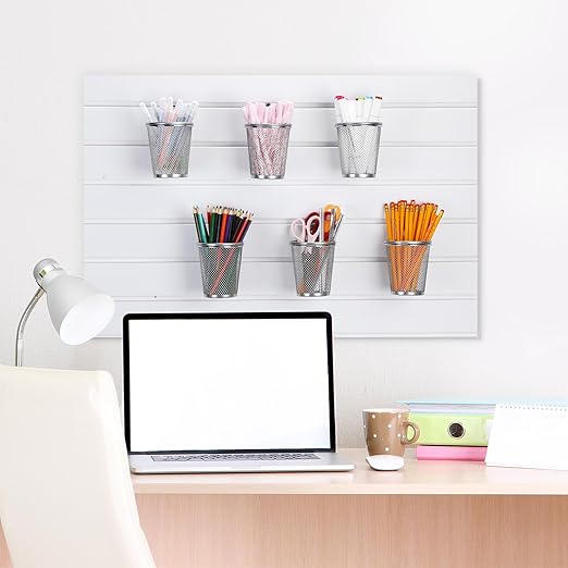 6 Set Slatwall Cups with Hook Loops, Mesh Steel Slatwall Tool Holder Bin Cups Pencil Holder Metal Slat Wall Organizer Accesories for Craft Garage Workshop Office Storage(Medium,Silver)