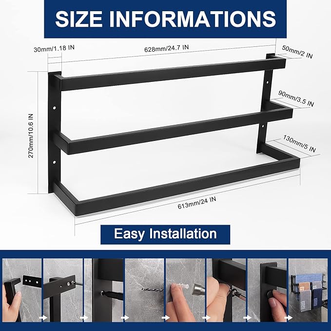 NearMoon Bathroom Towel Bar, Towel Rod Holder, Square Shelf Rack Hanging Towel for Bath, Thicken SUS304 Stainless Steel Towel Rack Wall Mounted-3-Tier Bath Accessories (24 Inch, Matte Black)